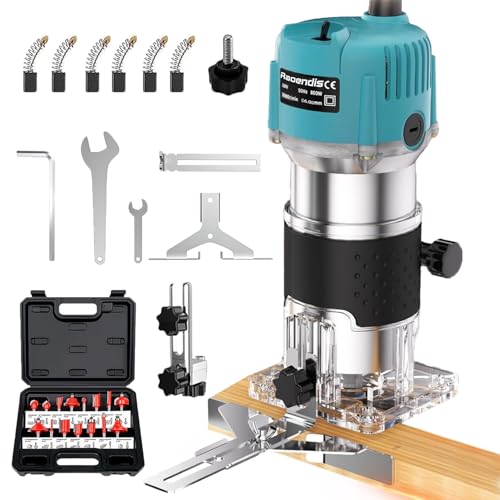 Raoendis 電動トリマー 木工用 電気トリミング機 6.00mm 日本規格 コンパクト軽量（1.2kg） 電動ルーター 30000rpm高速回転 800W アルミシェル 電動の彫刻刀 穴あけ/切断/彫刻/研磨対応 日本語取扱説明書付き